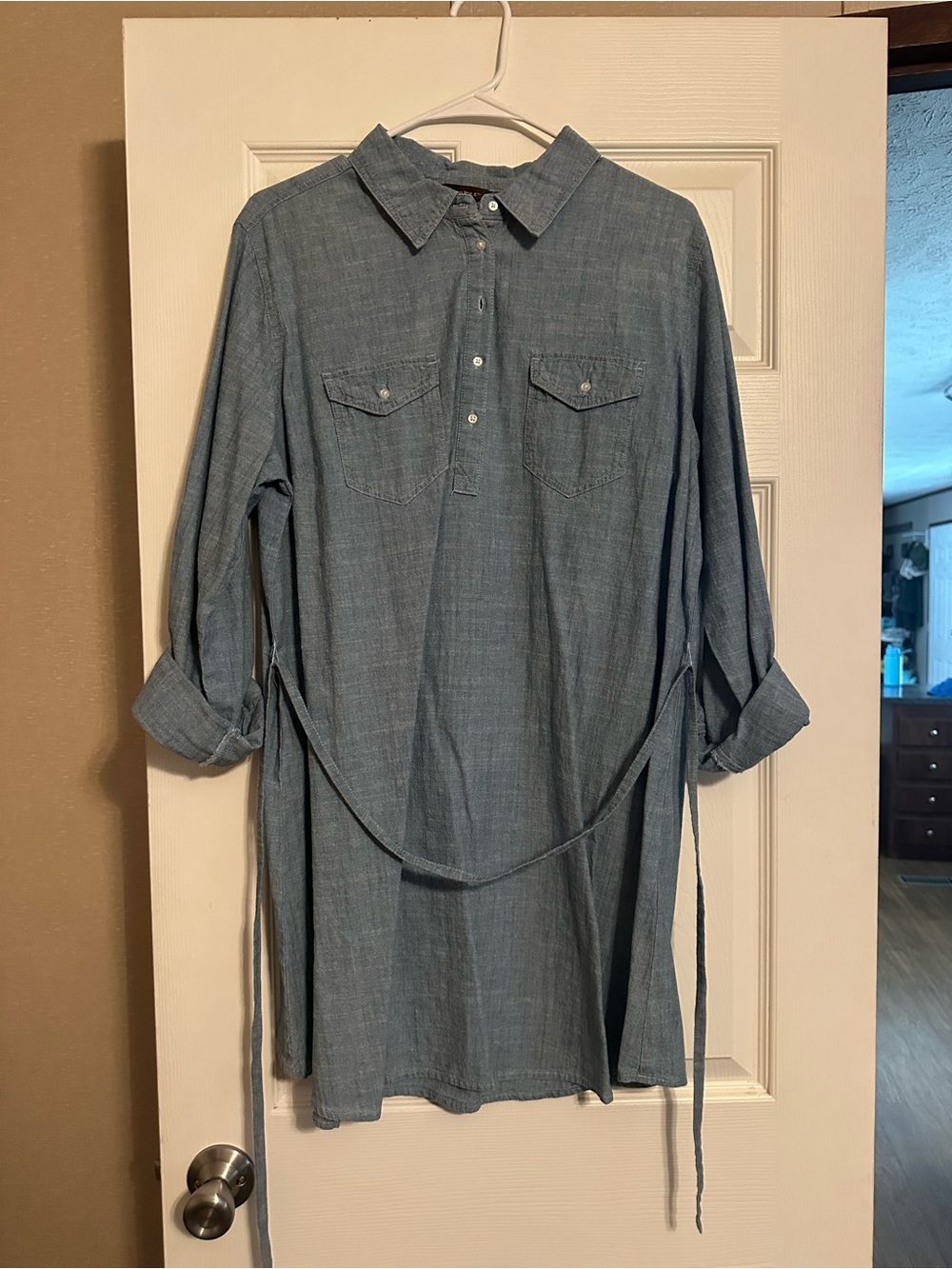 Bit & Bridle Light Blue Chambray Shirt Dress with Waist Tie